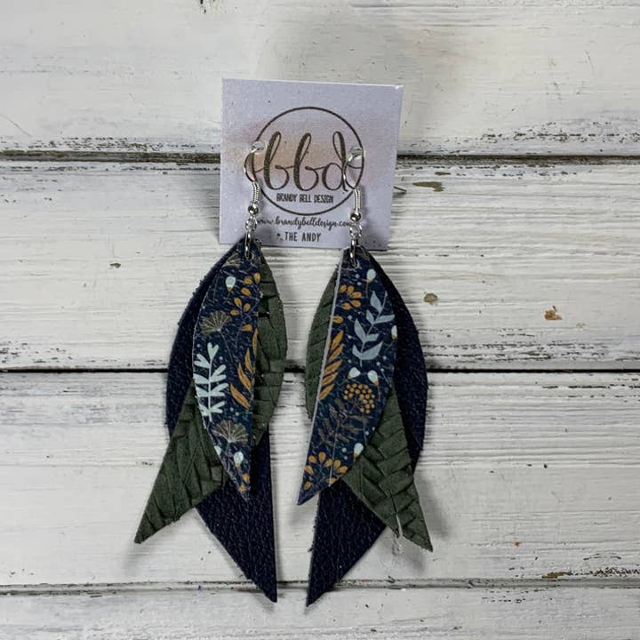 Brandy Bell Design – wholesale Dangle earrings – ANDY - WILD FLOWERS ,  OLIVE BRAID,  NAVY* LEATHER EARRINGS0