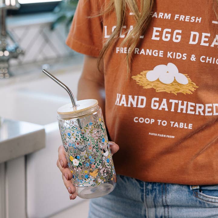 Paper Farm Press - Wholesale Drinking Glass/Cup - Chickens & Flowers Glass Can3