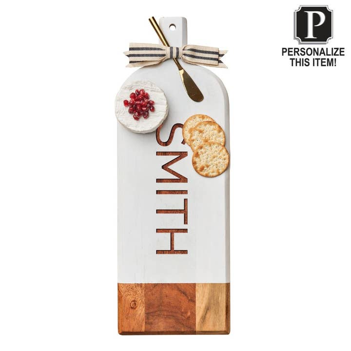 Personalized Acacia Bevel Board | White | 20" X 7" X .6" with gold spreader and gray/white ribbon for wholesale by Sophistiplate