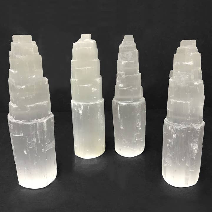Self Standing Natural Selenite Pagoda Towers for wholesale by Gem Avenue Wholesale