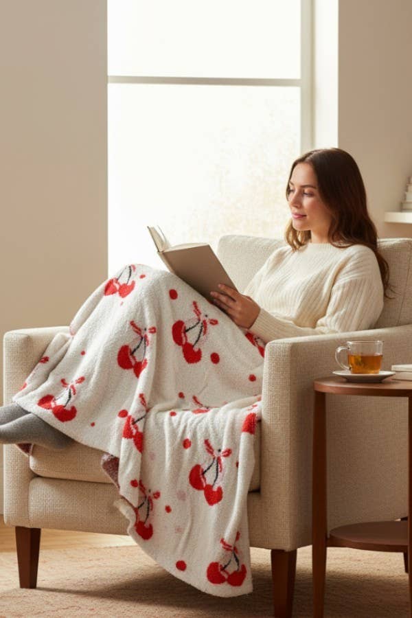 Nash Grey - Wholesale Throw Blanket - Cherries with Bow Luxury Blanket