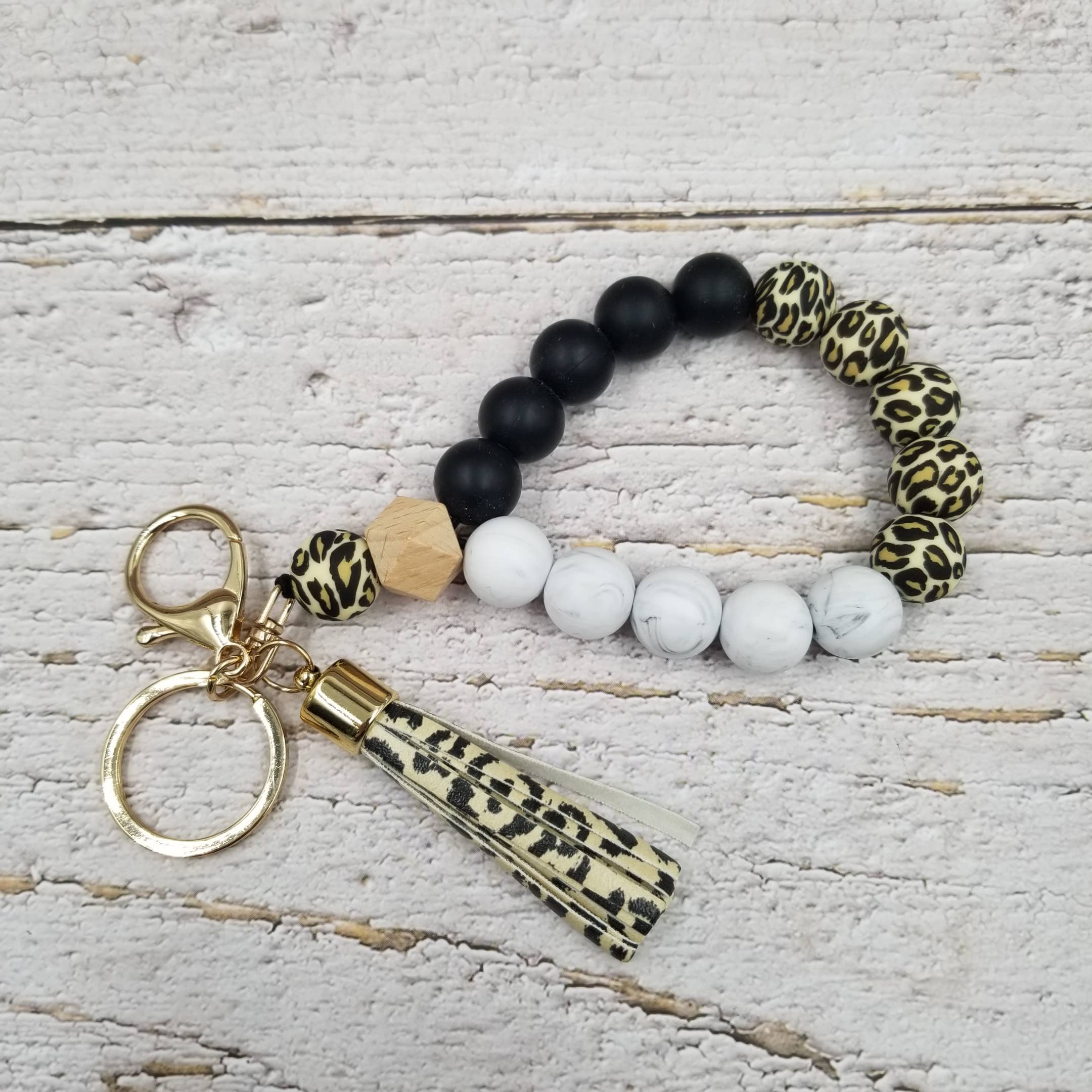 Treasure Wholesale - Wholesale Keychain Bracelet - Leopard Tassels Wood Bead Bangle Keychain4