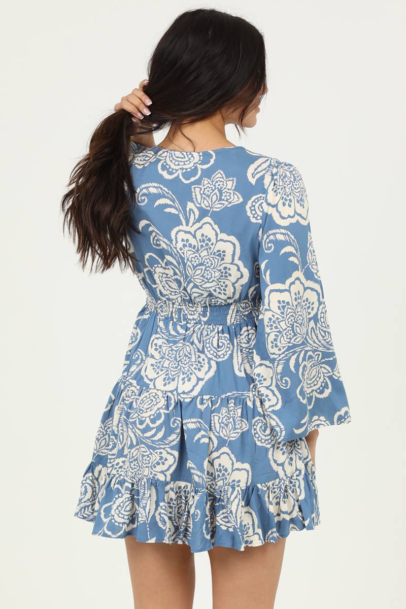 ANGIE – wholesale Dress – Women's – C4B15-A888 V NECK LACE TRIM FLARE SLEEVE DRESS2