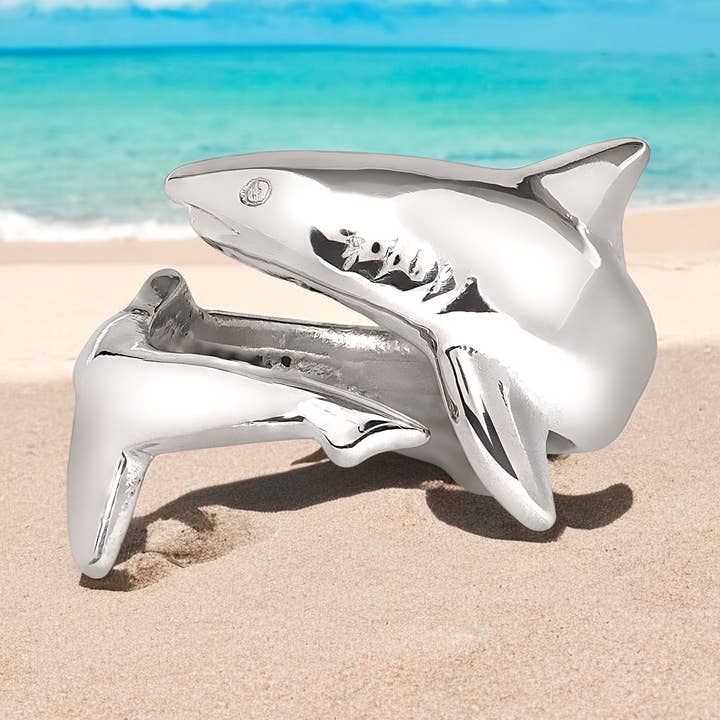 Anello a forma di squalo, regolabile, in argento Sterling, con vita marina, gioiello per immersioni subacquee, regalo per gli amanti degli squali per la vendita all'ingrosso da parte di Big Blue by Roland St John