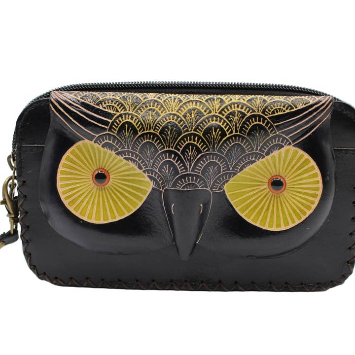 Leather owl fanny pack and wristlet purse belt bag for wholesale by Sunflower Handmade leather inc