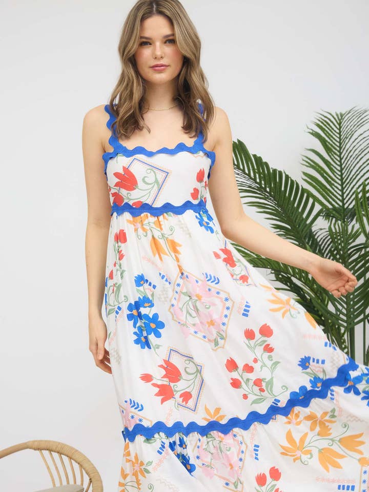 Blu Pepper - Wholesale Dress - Women's - FLORAL PATTERN WAVY DETAIL SLEEVELESS MIDI DRESS