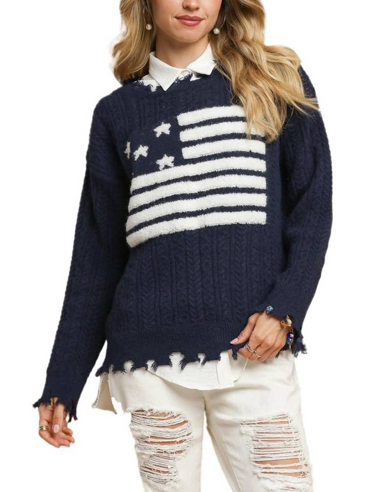 Vanilla Monkey - Wholesale Knit Sweater - Women's - Distressed American Flag Sweater1