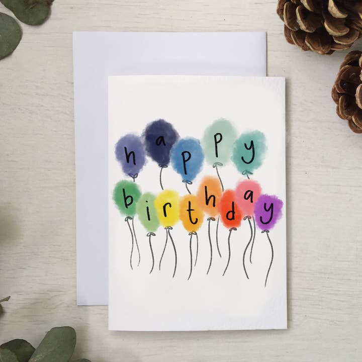 Happy birthday multicoloured balloons birthday card for wholesale by And Hope Designs - Cards, Stickers & Stationery