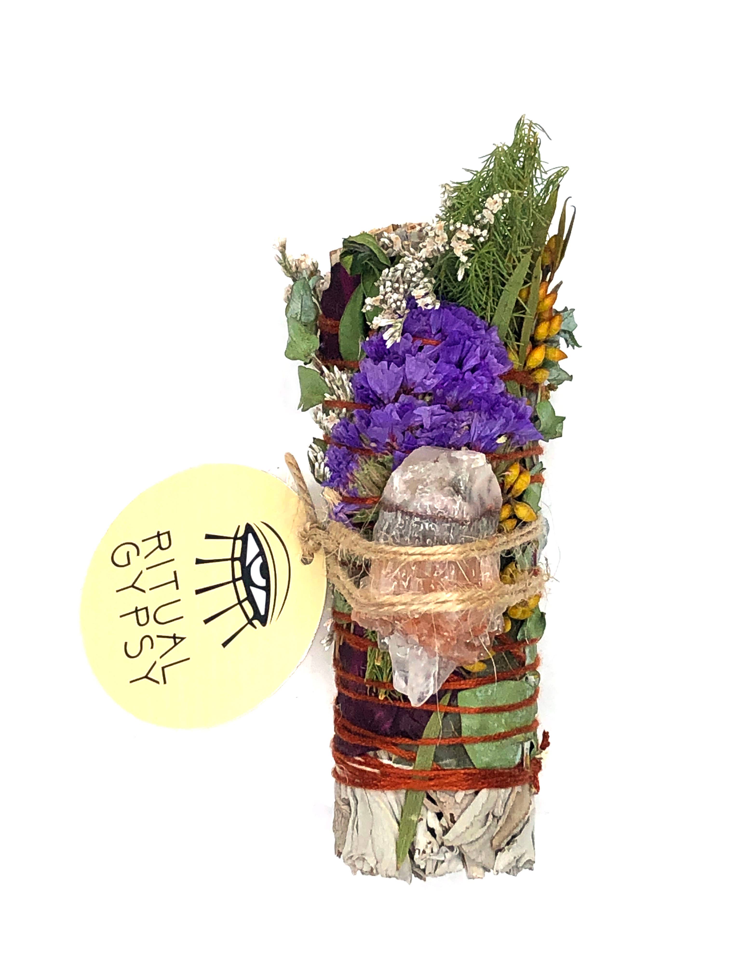 RITUAL GYPSY SAGE WANDS - Vendita all'ingrosso Salvia - BACCHETTE RITUALI SALVIA DA 4" (24 OPZIONI DI CRISTALLO)0