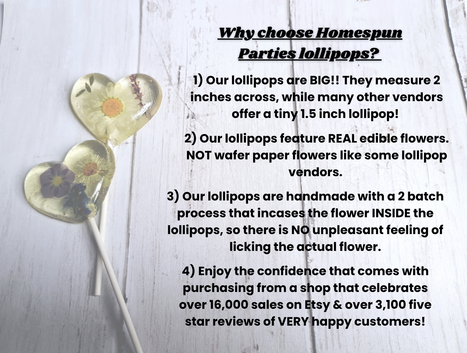 Homespun Parties - Wholesale Lollipop - Real Pressed Edible Flower Heart Lollipop, Garden Party 1