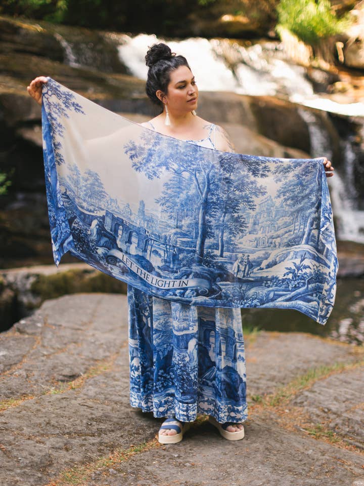 Let The Light In Bohemian Scarf w/ Blue Delft Toile Print for wholesale by Market of Stars (USA)