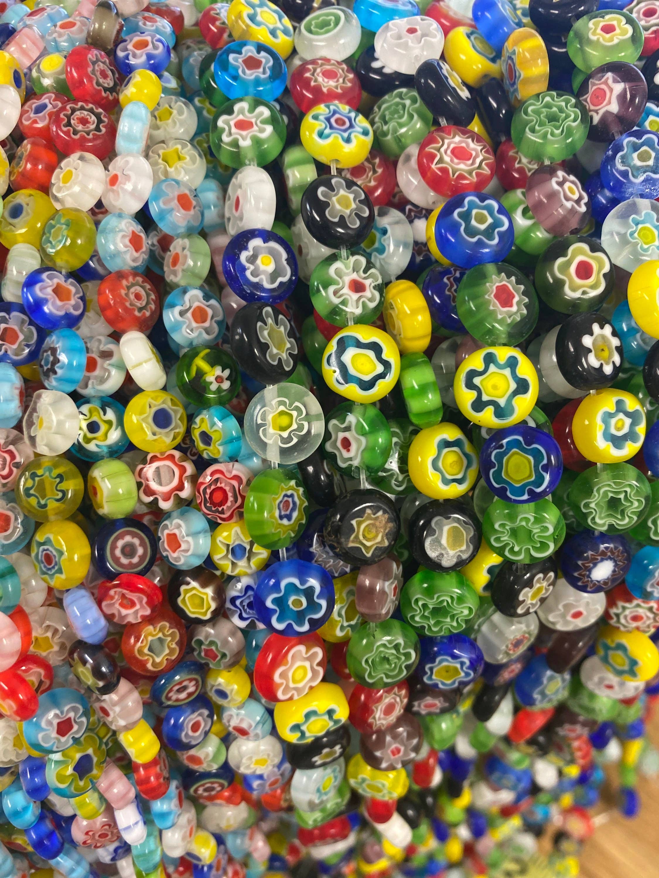 The Bead Bazaar - Wholesale Beads - Murano Style Millefiori Handmade Flat Round Beads, Flower Gl4