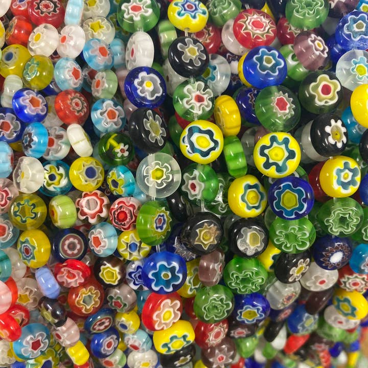 The Bead Bazaar - Wholesale Beads - Murano Style Millefiori Handmade Flat Round Beads, Flower Gl4