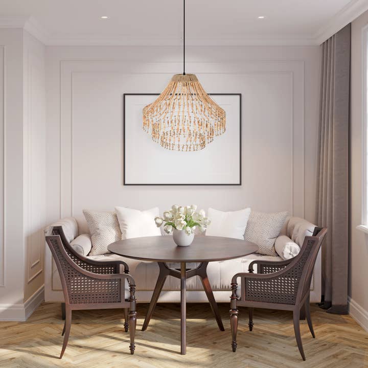 26"W Tululla Ivory Dome Pendant Light with Mango Wood Beads for wholesale by River of Goods