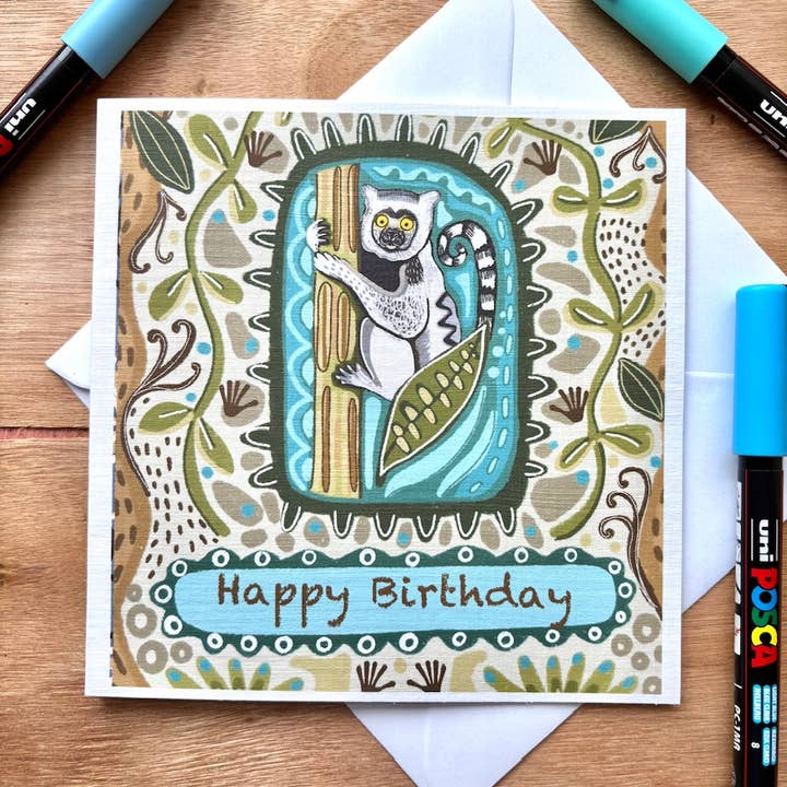 Biglietto di Compleanno con Lemure, Buon Compleanno, Biglietto con Animali, Giungla. per la vendita all'ingrosso da parte di Slumbermonkey Designs