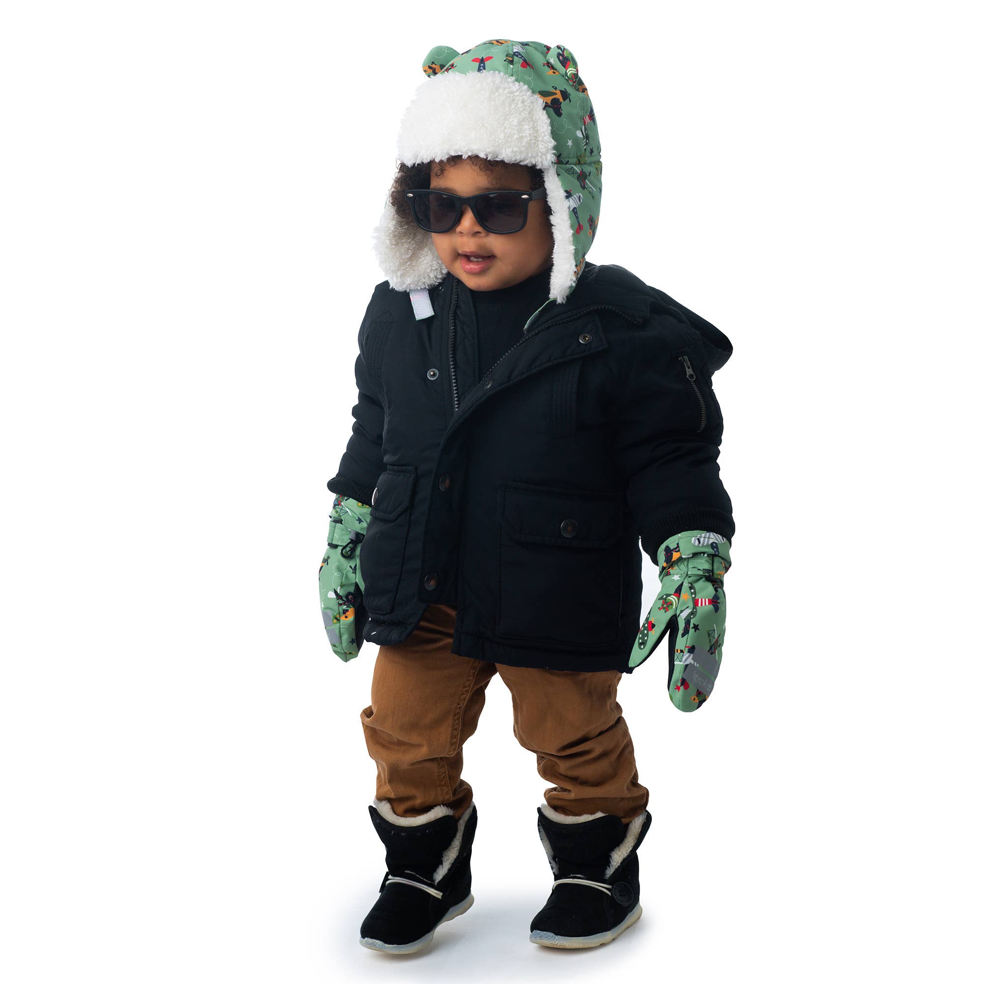 FlapJackKids – wholesale Mittens – Child – Water Repellent Ski Mittens - Black Bear Green1
