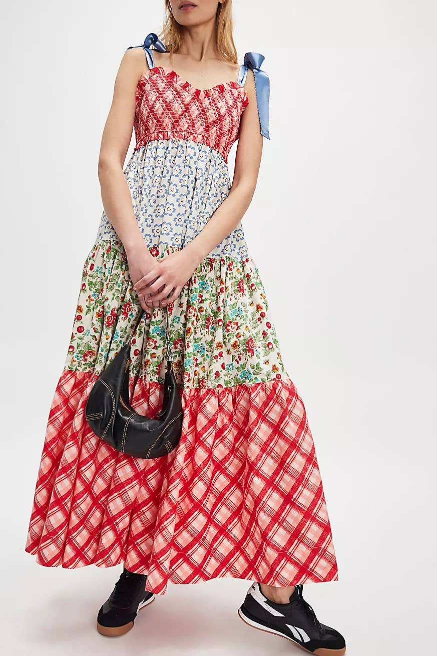 Rosa Clothing - Wholesale Dress - Women's - Gingham Floral patchwork playful bow strap tiered maxi dress10