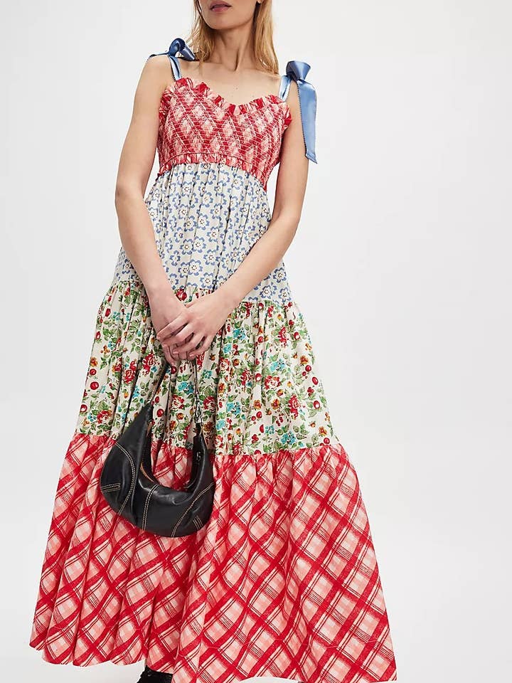 Rosa Clothing - Wholesale Dress - Women's - Gingham Floral patchwork playful bow strap tiered maxi dress10