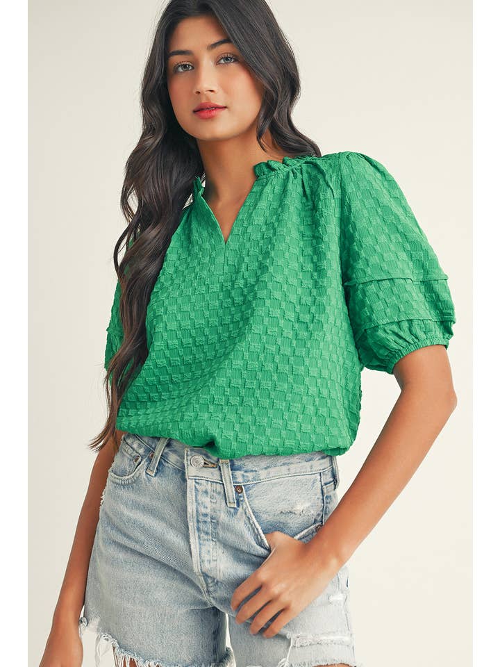 Bright Green LDC Textured Puff Short Sleeve Notched V Neck Top for wholesale on Faire