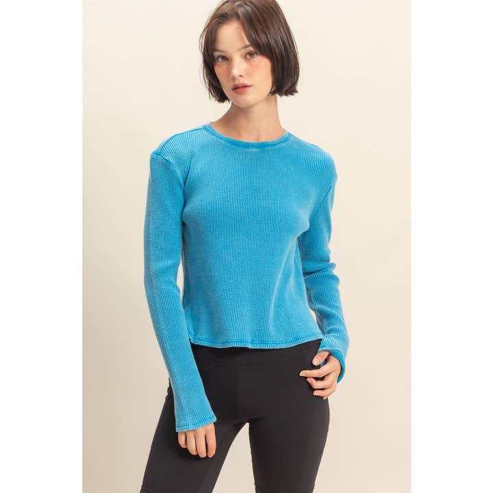Double Zero - Wholesale Shirt - Women's - Mineral Wash Waffle Knit Long Sleeve Top1