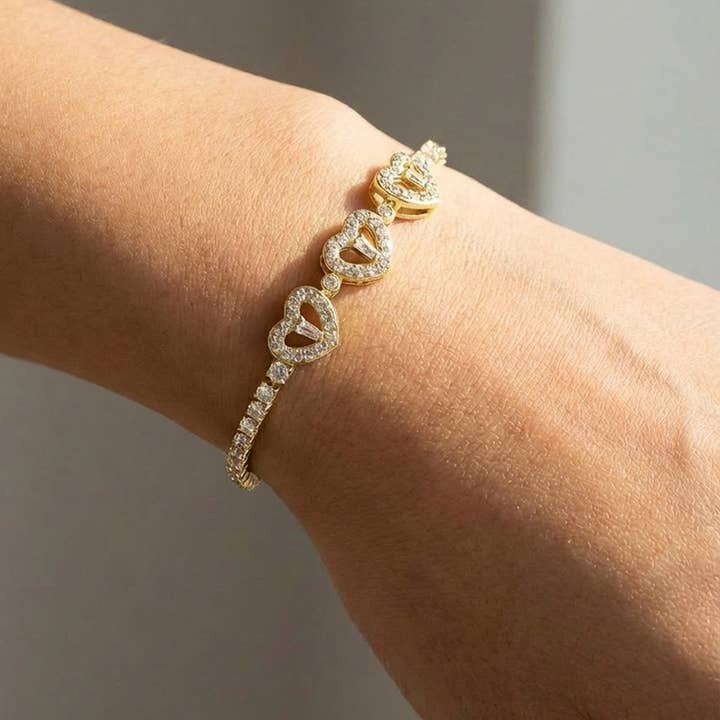 Gold Dipped Cz Multi Hearts Tennis Chain Bracelet for wholesale by Anarchy Street