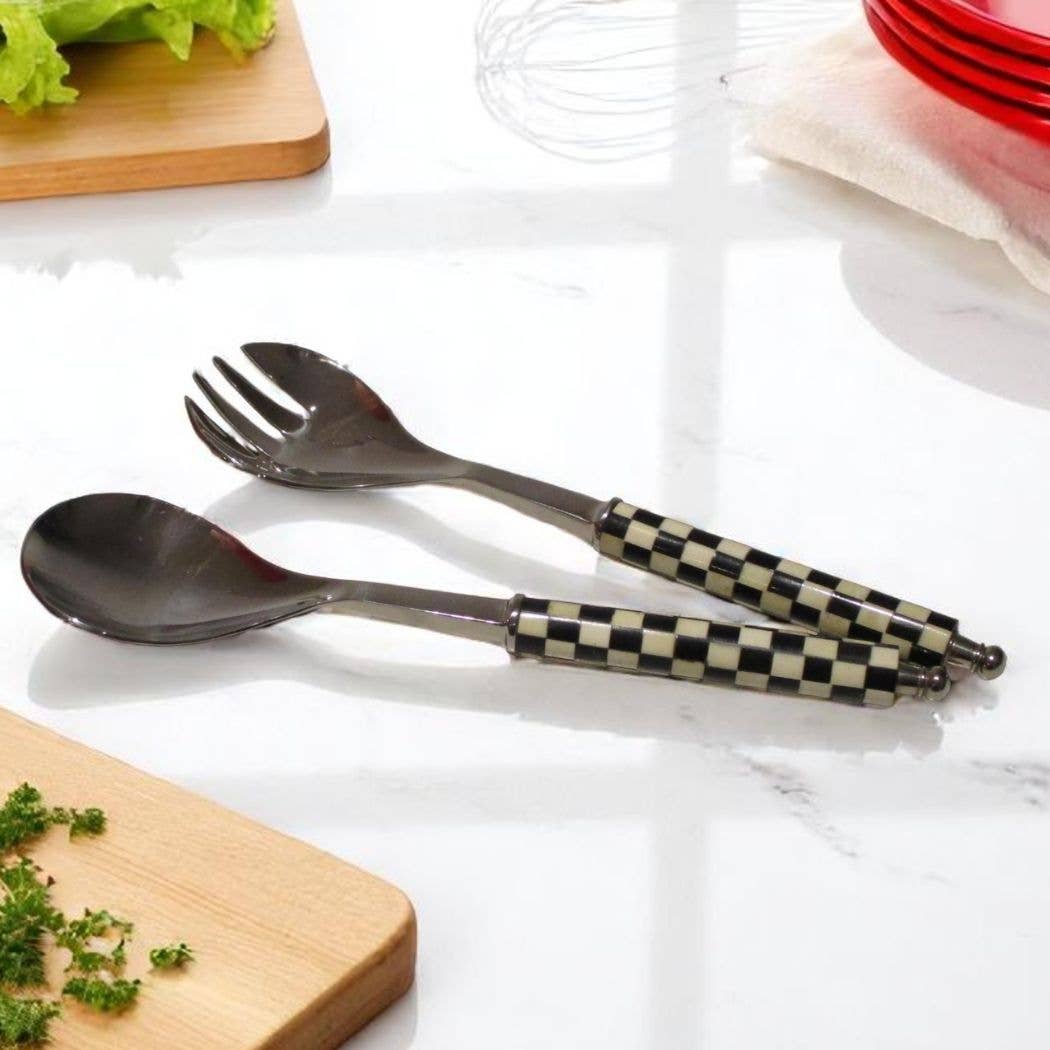 Shastra Home – Loiça para aperitivos por atacado – Conjunto de 2 Peças para Servir Salada em Aço Inoxidável - Cabo Xadrez1