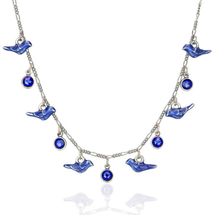 I Flock to You Crystal Blue Bird Charm Necklace for wholesale by Anne Koplik Designs, Inc.