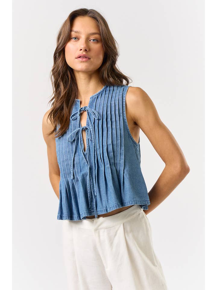 ILT5631 Denim Front Tie Pleated Top for wholesale on Faire