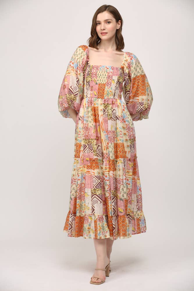 ELFENBEIN MULTI PATCHWORK-MIDIKLEID MIT GESMOKTEM OBERTEIL UND QUADRATISCHEM AUSSCHNITT FD30165 für den Großhandel auf Faire1