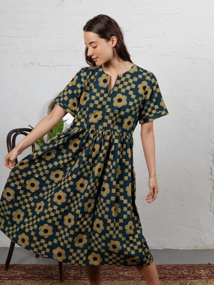 Boho-Chic Hand-Block Printed Cotton Midi Dress -(Bethany) for wholesale by Thuli