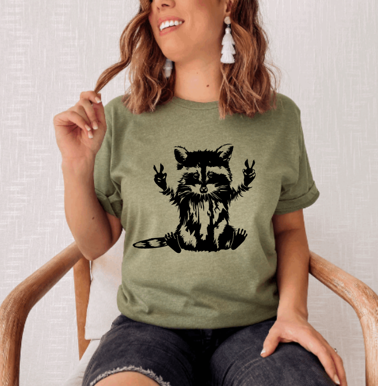 Tron Tron Graphic Wear – wholesale Screen printed t-shirt – Women′s – Peace Loving Raccoon Tee 4