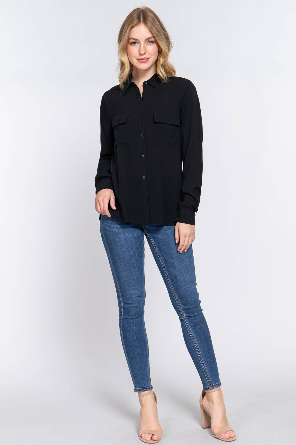 Active Basic | Active USA – wholesale Buttoned-down shirt – Women's – Long Sleeve Front Pocket Woven Shirt 3
