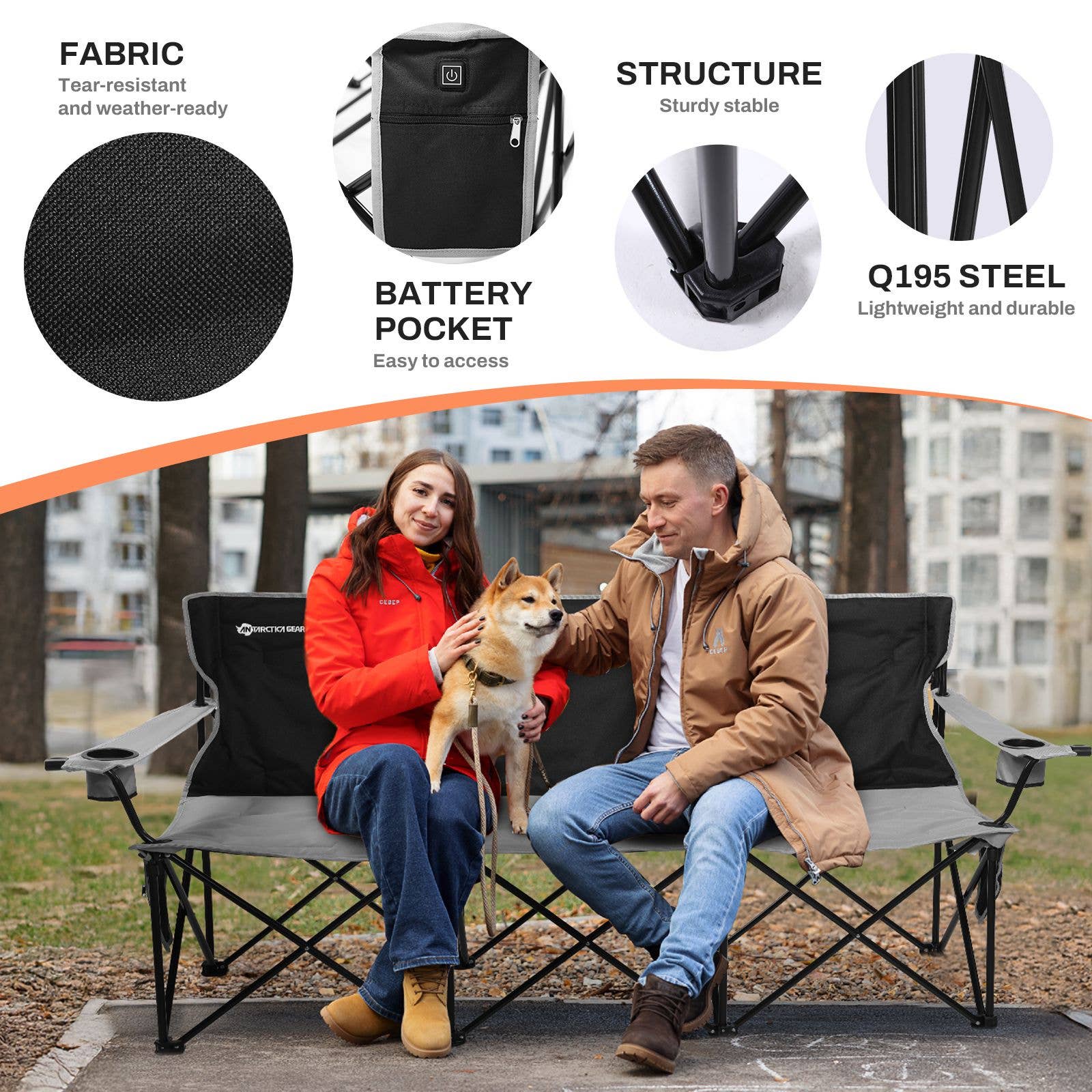Antarctica Outdoors – wholesale Folding chair – ANTARCTICA GEAR Heated 3-Person Camping Chair with 12V 15000mAh Battery Pack5