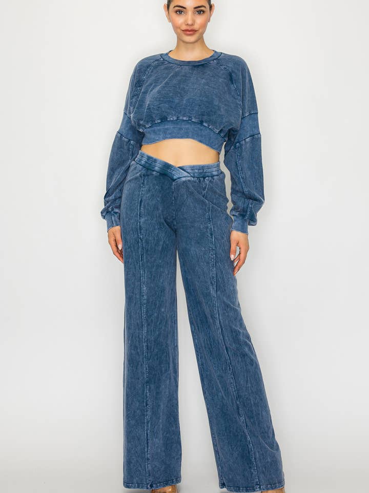 Mineralgewaschenes Langarm-Crop-Top / Weit geschnittene Hose GD4564 für den Großhandel von Jour