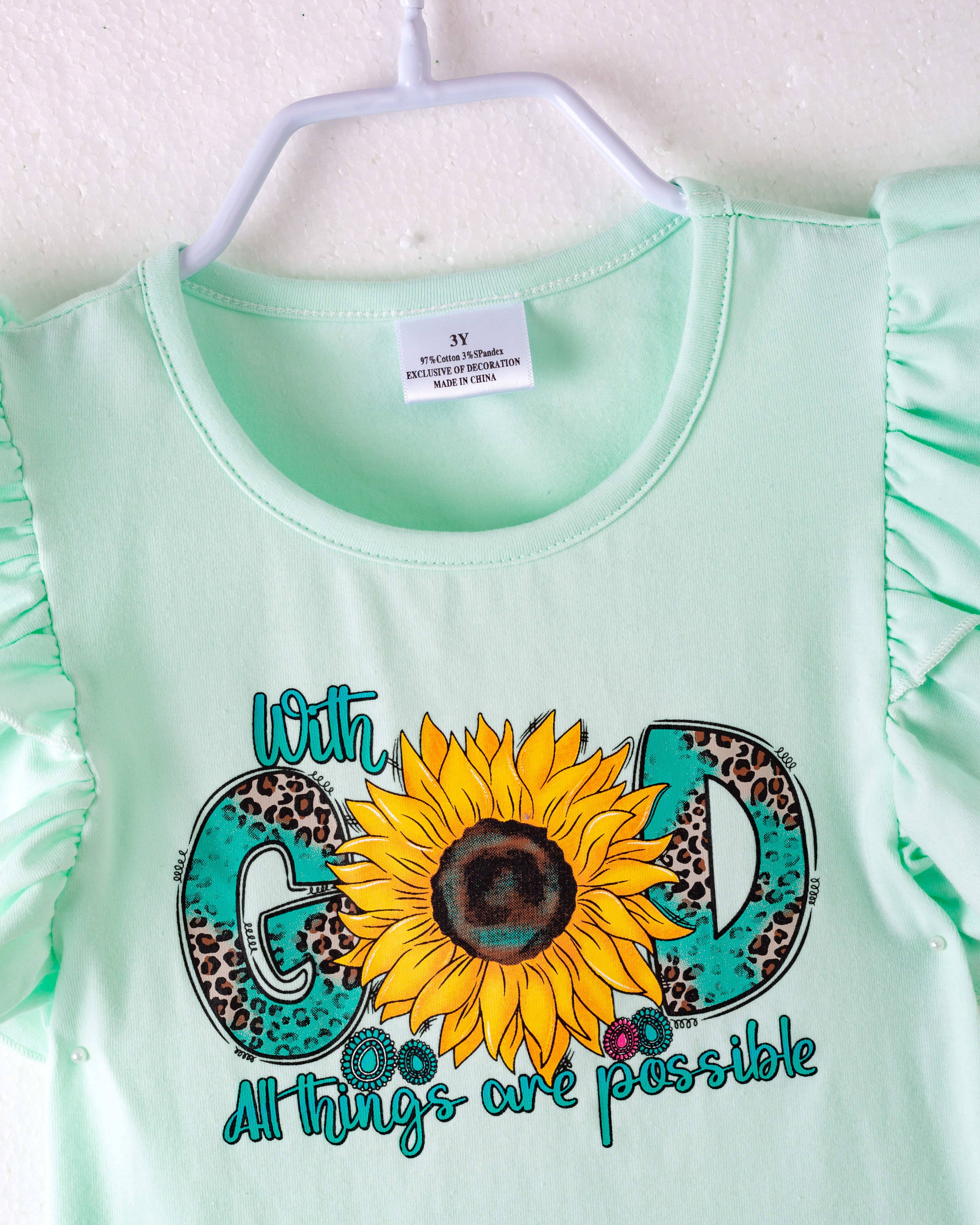 littleoneusa - Vendita all'ingrosso Completo top e pantaloncini - Bambini - Completo in Denim per Ragazza con Paillettes a Girasole Giallo1