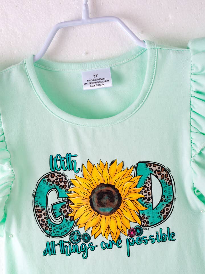 littleoneusa - Vendita all'ingrosso Completo top e pantaloncini - Bambini - Completo in Denim per Ragazza con Paillettes a Girasole Giallo1