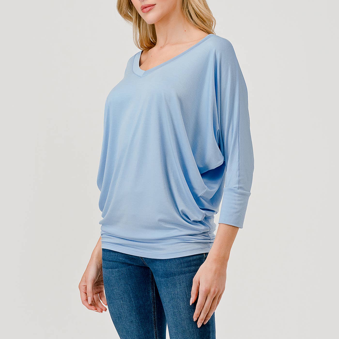 Heimious - Wholesale Knit Top - Women's - 3/4 Dolman Sleeve V-neck Modal Jersey Top, 257396