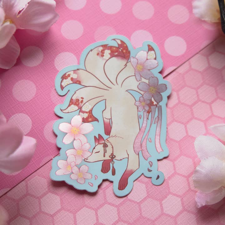 Meg-chan Doodles - Vente Autocollant - Autocollant Kitsune | Yokai japonais | Autocollant métallisé2