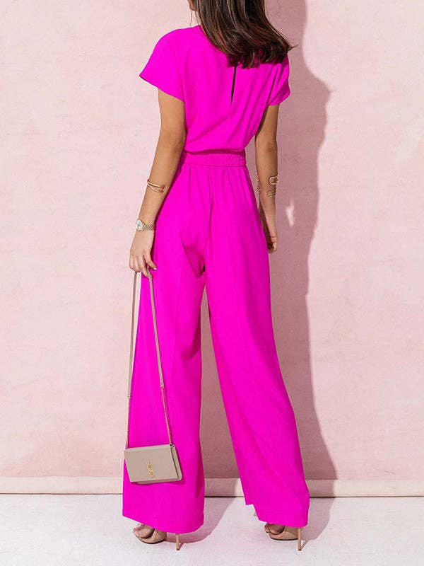 Sheer Trend - Wholesale Jumpsuit - Women's - High Waisted Loose Belted Pleated V-Neck Jumpsuits4