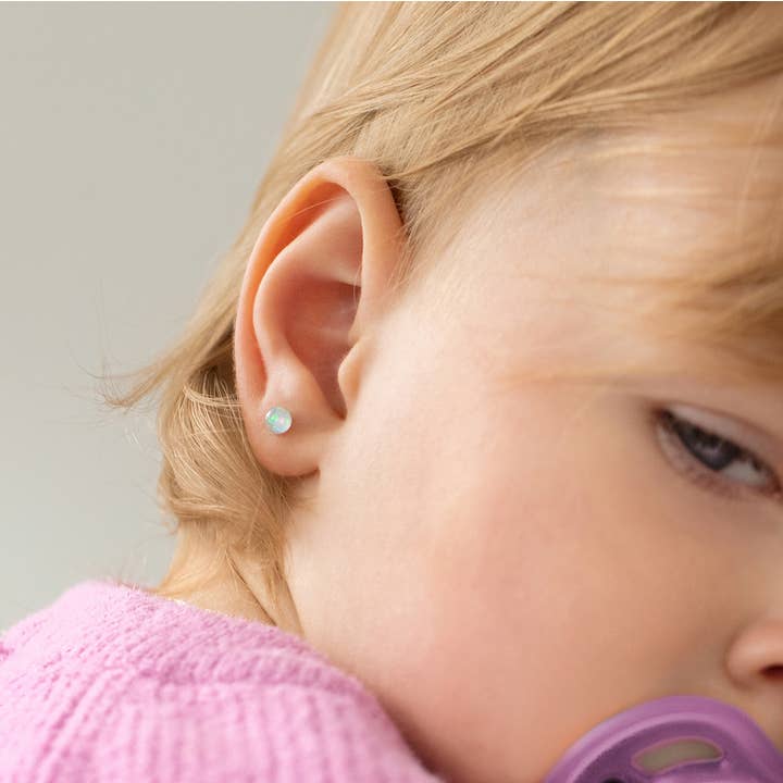 In Season Jewelry - Wholesale Earrings - Kids - Opal Button 4mm Baby Toddler Kids Earrings - Sterling Silver