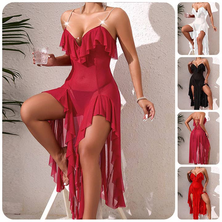 Sheer Mesh Lace Backless Nightgown Plus Size Sleepwear for wholesale by Plush Looks