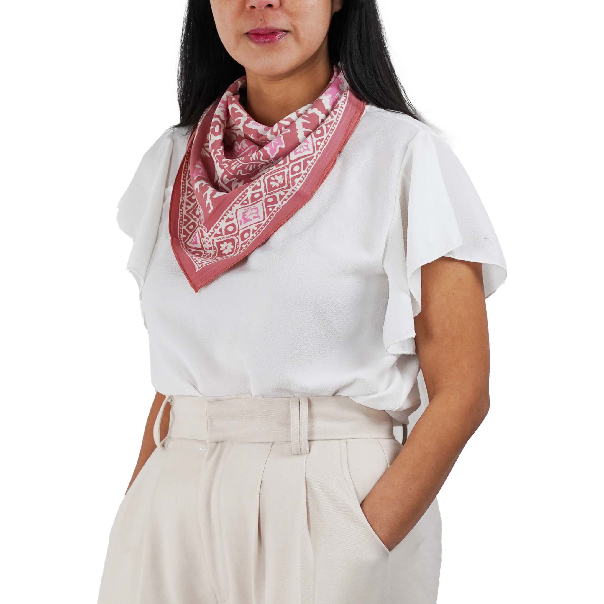 Kasih Co-op – wholesale Bandana – Women's – Hand Dyed Batik Bandana, Peach Pink Coral Leaves5