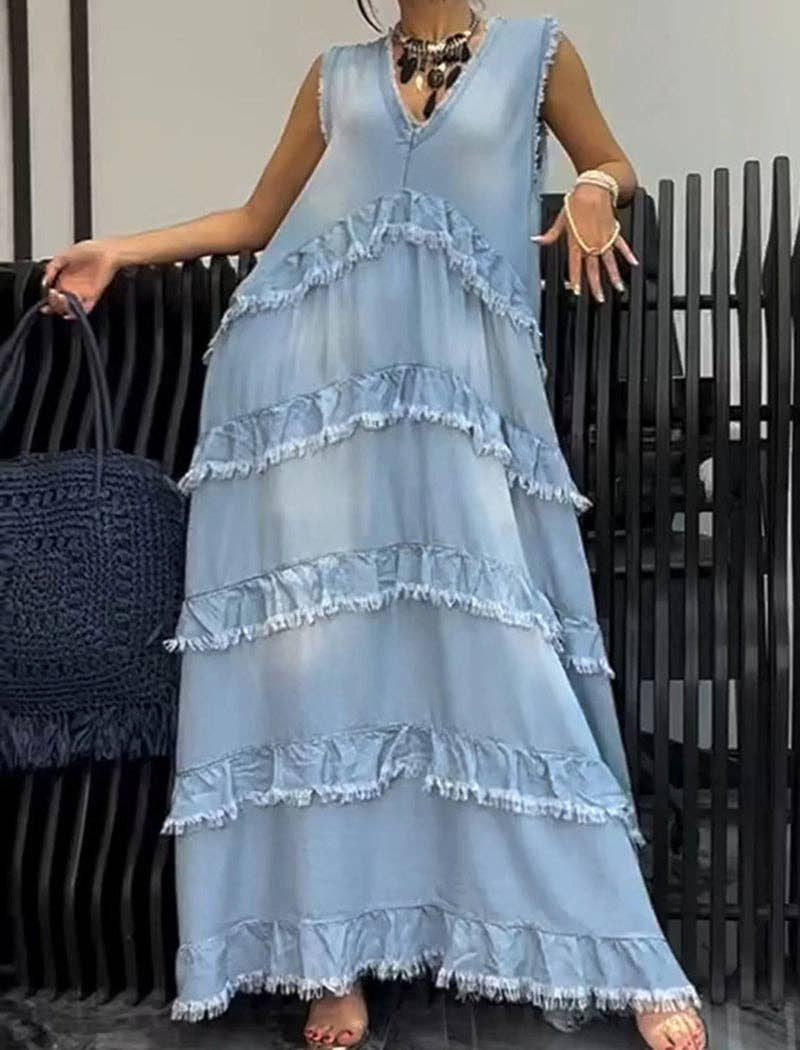 Katinki - Vendita all'ingrosso Vestito - Donna - Abito patchwork con scollo a V e orlo sfrangiato6