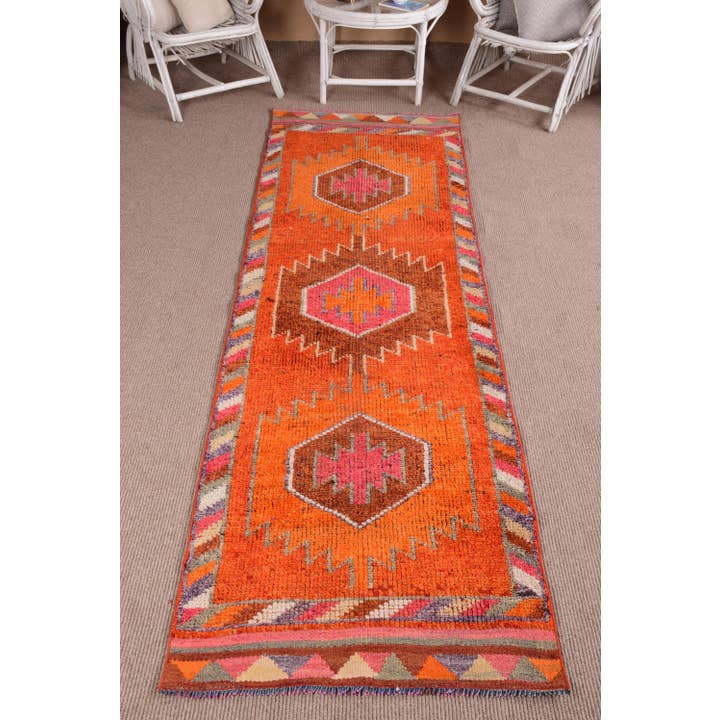 Vintage Rug, Runner 2,9x9,6 ft Rug, Herki Orange Paisley Rug for wholesale by The Loom Wholesale