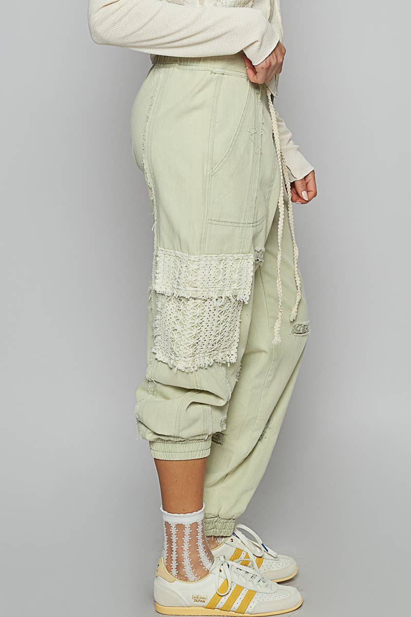 Pol Clothing - Wholesale Jeans - Women's - Tie waistband contrast crochet cargo pockets denim joggers13