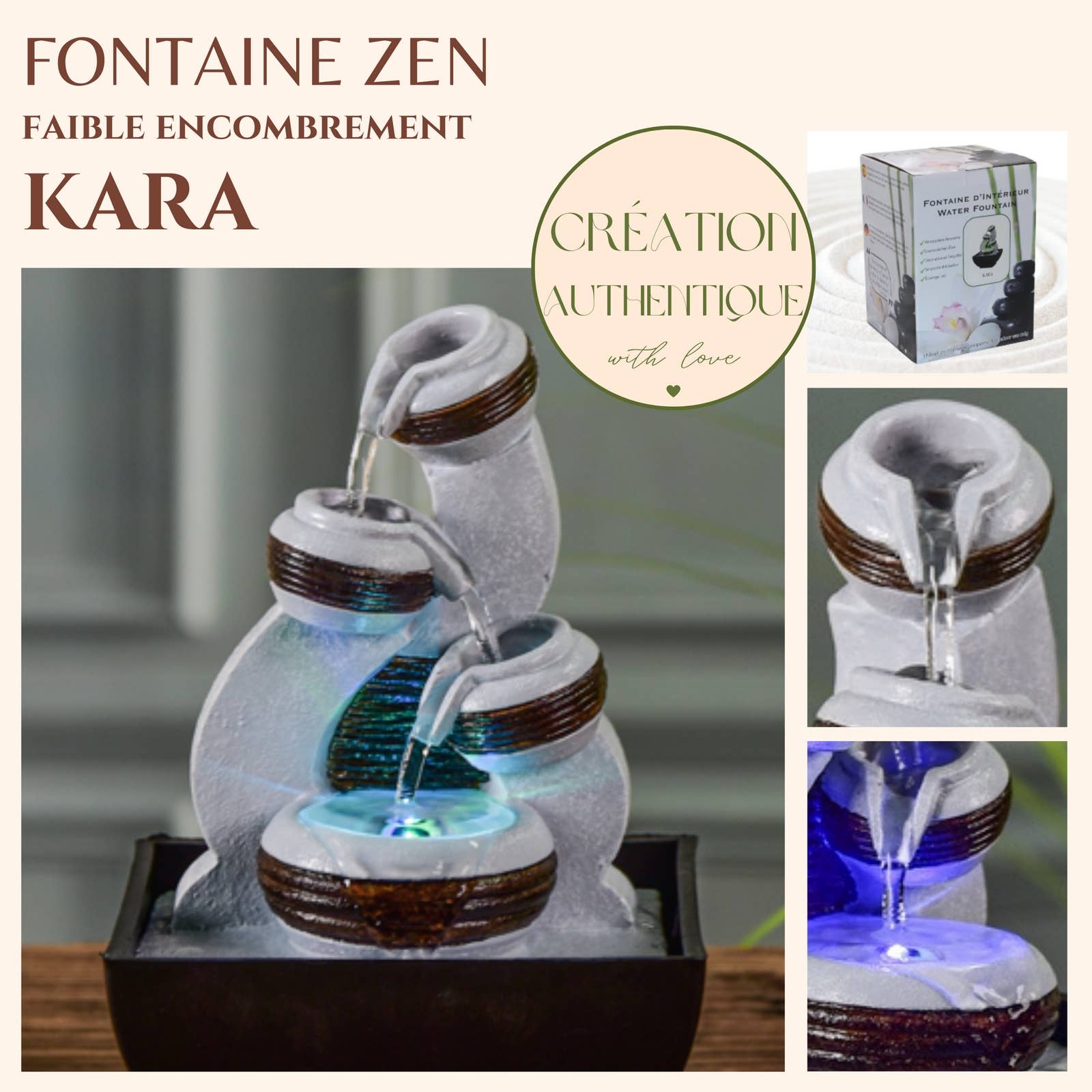 Zen'Arôme - Vente Décoration de cheminée - Fontaine d'Intérieur Kara avec écoulement en Cascade + Led1