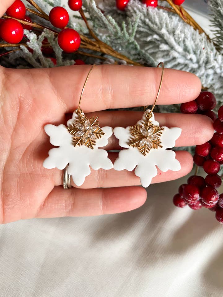 Snowflake Hoop Earrings - Polymer Clay Earrings for wholesale by Autumn Cloud Design