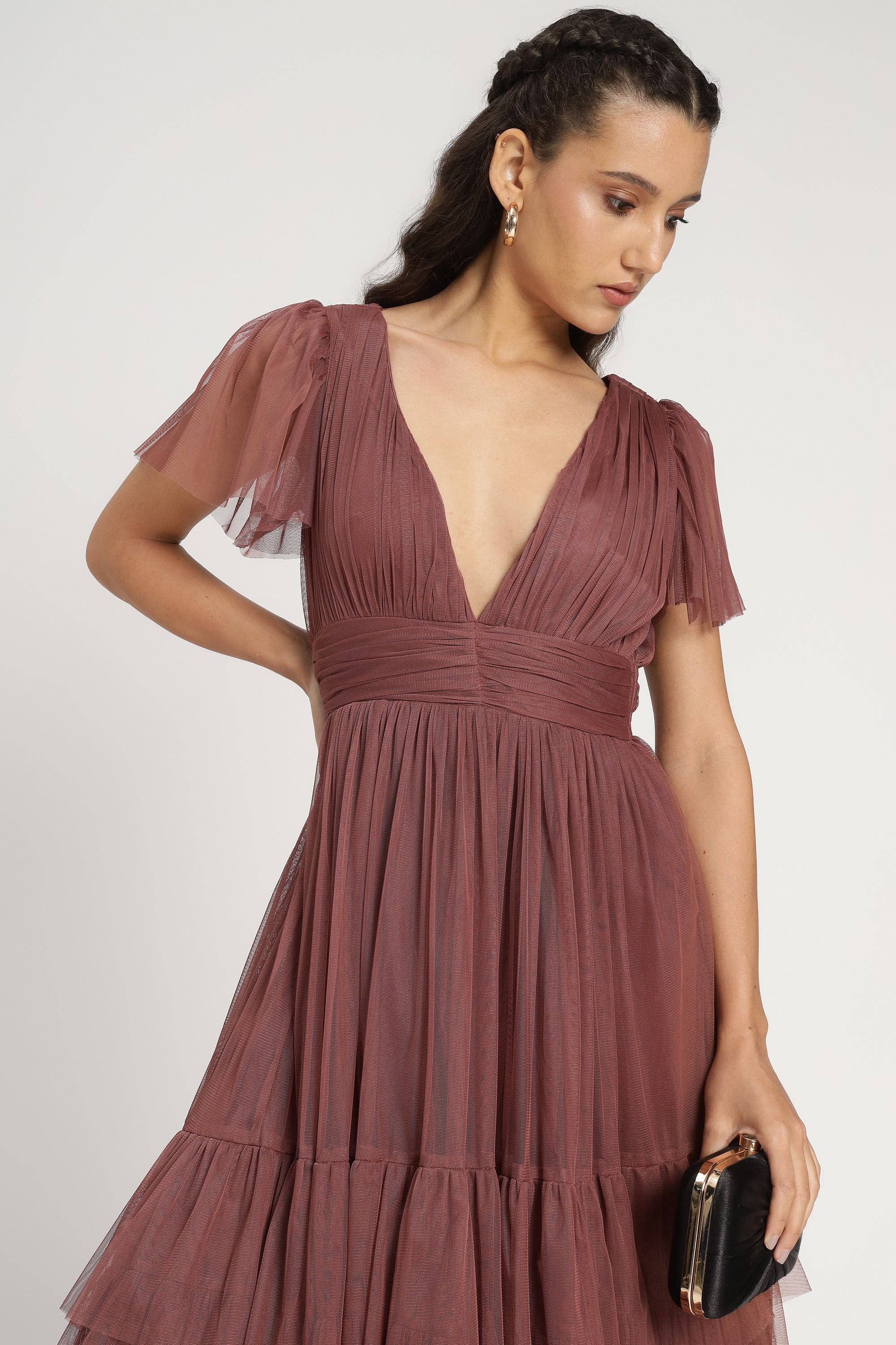 Madison Rose Brown Tulle Bridesmaid Midi Dress for wholesale on Faire9