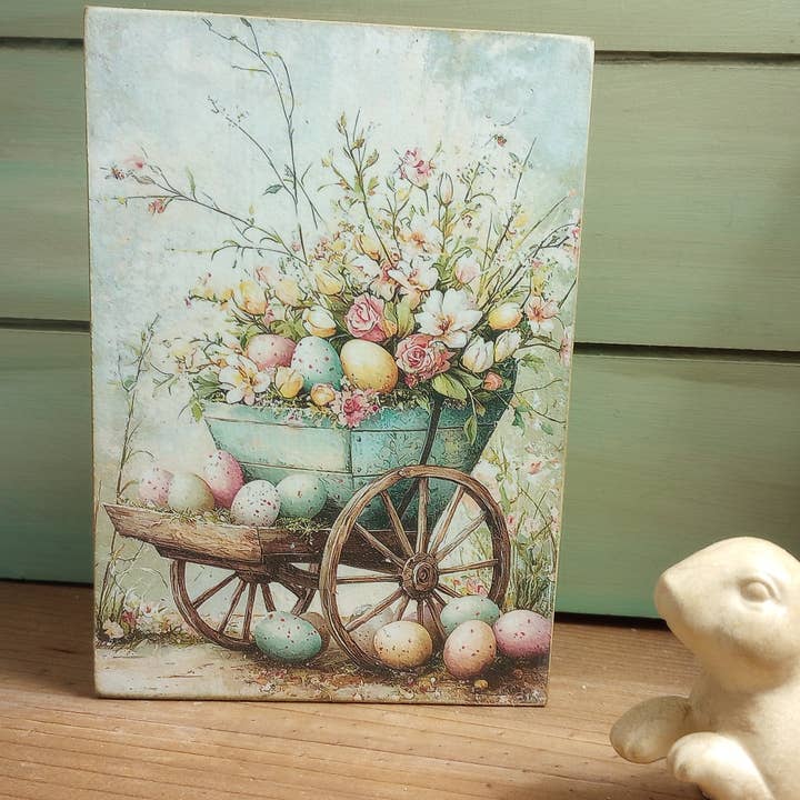 Easter Wood Block Sign - Small - Egg & Floral Cart for wholesale by Bluegrass Burlap Co