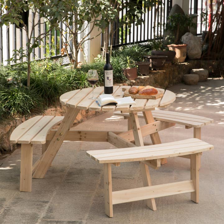 Quickway Imports - Wholesale Patio table - Wooden Round Picnic Table with Bench for Patio, 6- Person9